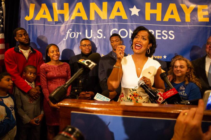 Democrat Jahana Hayes addresses her supporters in Waterbury after declaring victory in her U.S. House race against Republican Manny Santos. Hayes becomes the first black woman elected to Congress in Connecticut. 