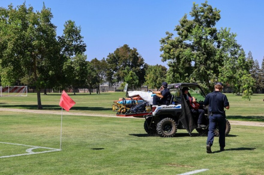 The medical response team practices scenarios throughout the Merced College campus, including on the soccer field.