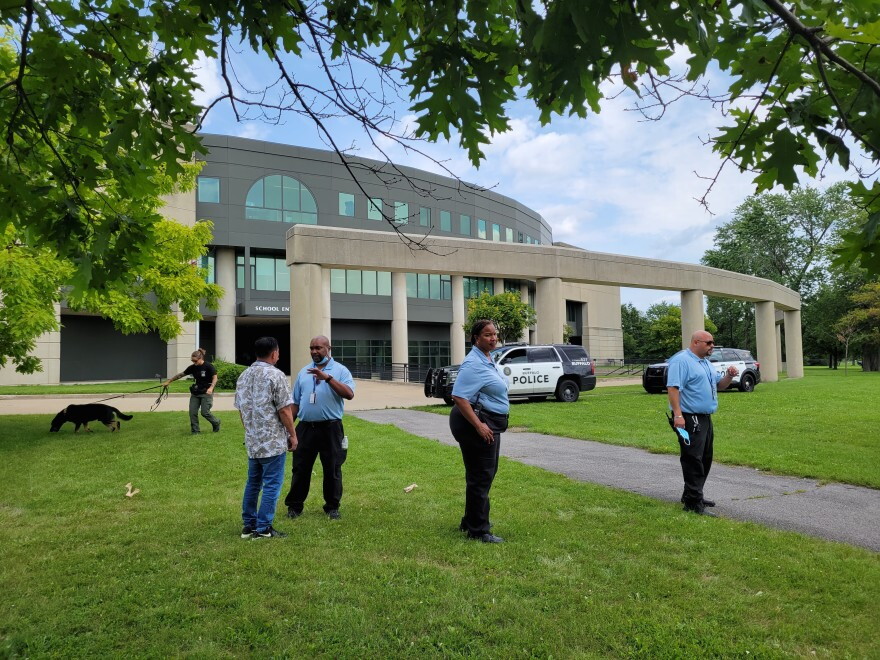 Buffalo Police stand guard as a search was conducted for weapons at Buffalo's Dr. Charles R. Drew Science Magnet School July 22.