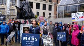 Mary Peltola addresses a crowd of supporters for her run for the U.S. Senate at a campaign event in Juneau on May 14, 2026.