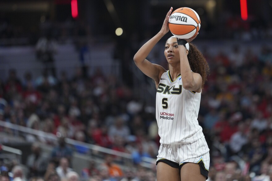 Chicago Sky forward Angel Reese shoots during a WNBA basketball game against the Indiana Fever in Indianapolis, Saturday, May 17, 2025. (AP Photo/AJ Mast)