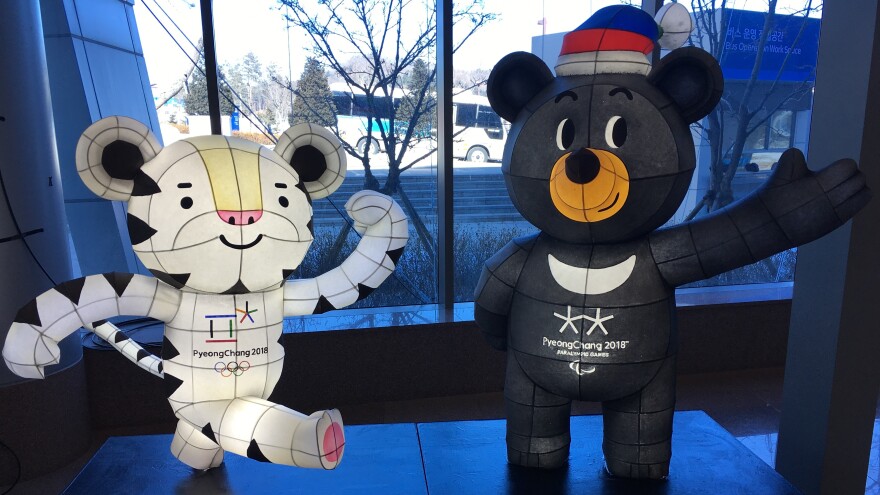 Soohorang (left) the mascot of the Pyeongchang Winter Olympics, and Bandabi, mascot of the Paralympics, welcome visitors to the Alpensia Resort in Pyeongchang, one of many facilities that has been reworked for the games.