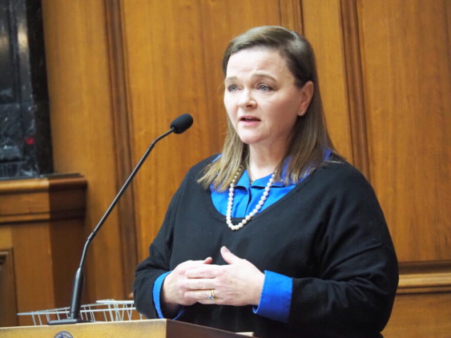 Marion County Clerk Kate Sweeney Bell testifies during a House committee hearing on Dec. 2, 2025.