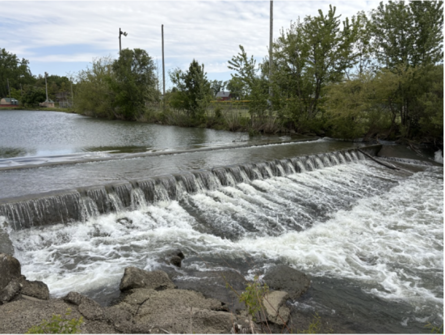 Water runs over the dam at Eyman Park in the city of Washington Court House.