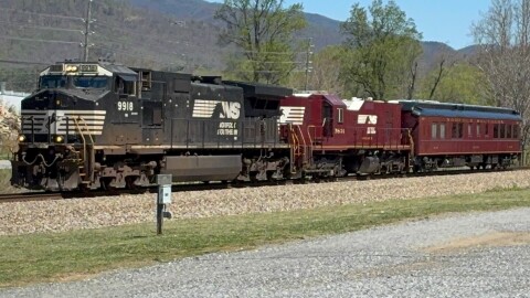 A photo of the Norfolk Southern geometry train that passed through the Old Fort Loops in early April 2026.