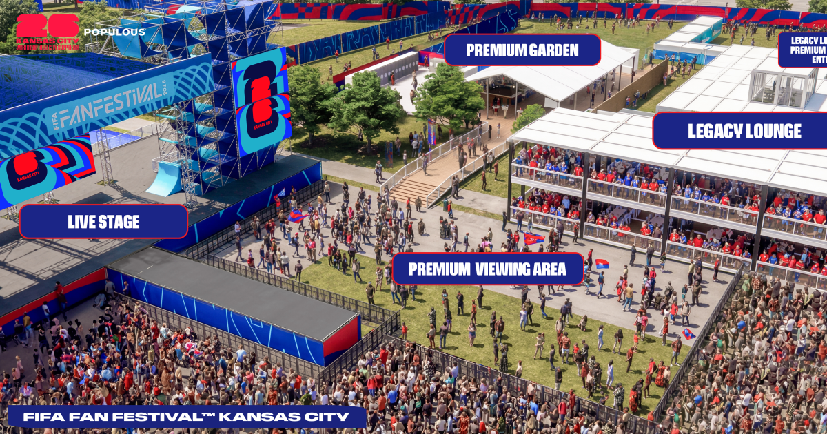 A rendering of the FIFA Fan Festival premium viewing area in Kansas City, with fans watching a screen with the skyline in the background.