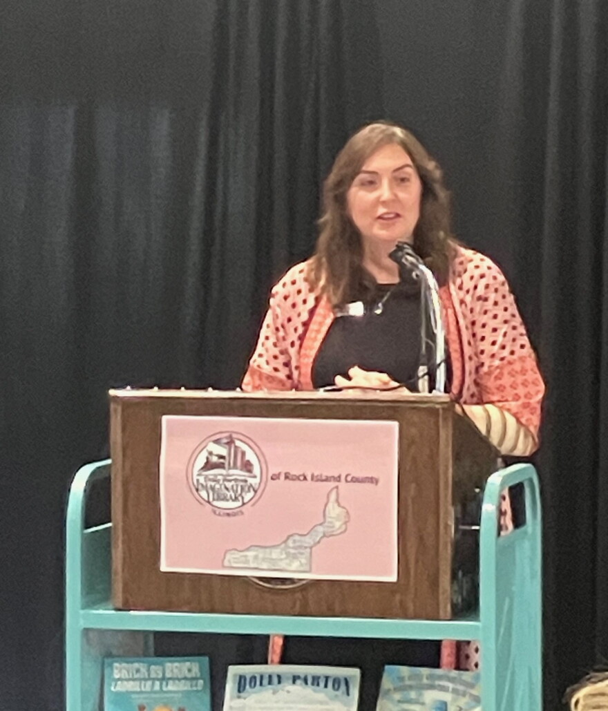 Audra Cottrell, community engagement coordinator for Dolly Parton's Imagination Library of Illinois, speaks at the Botanical Center, Oct. 14, 2026.