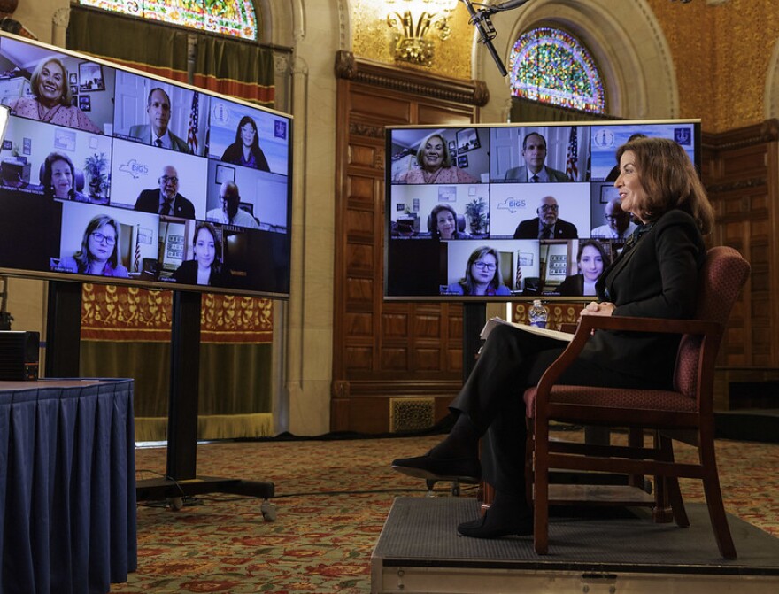 Governor Hochul met virtually with school leaders to discuss when the school mask mandate might end in New York, on February 8, 2022.