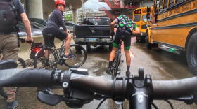 Cyclists had to deal with rain and traffic along the Flying Pig route.