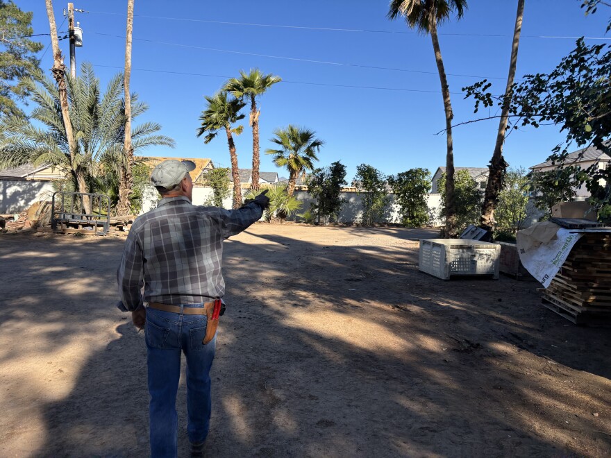 Owner John Babiarz points to a new housing development being built next door to his business, Greenfield Citrus Nursery, on Dec. 8, 2025.