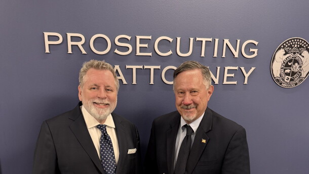 Platte County prosecutor Eric Zahnd, left, receives the Distinguished Prosecutor Award from the National District Attorneys Association in 2025. 