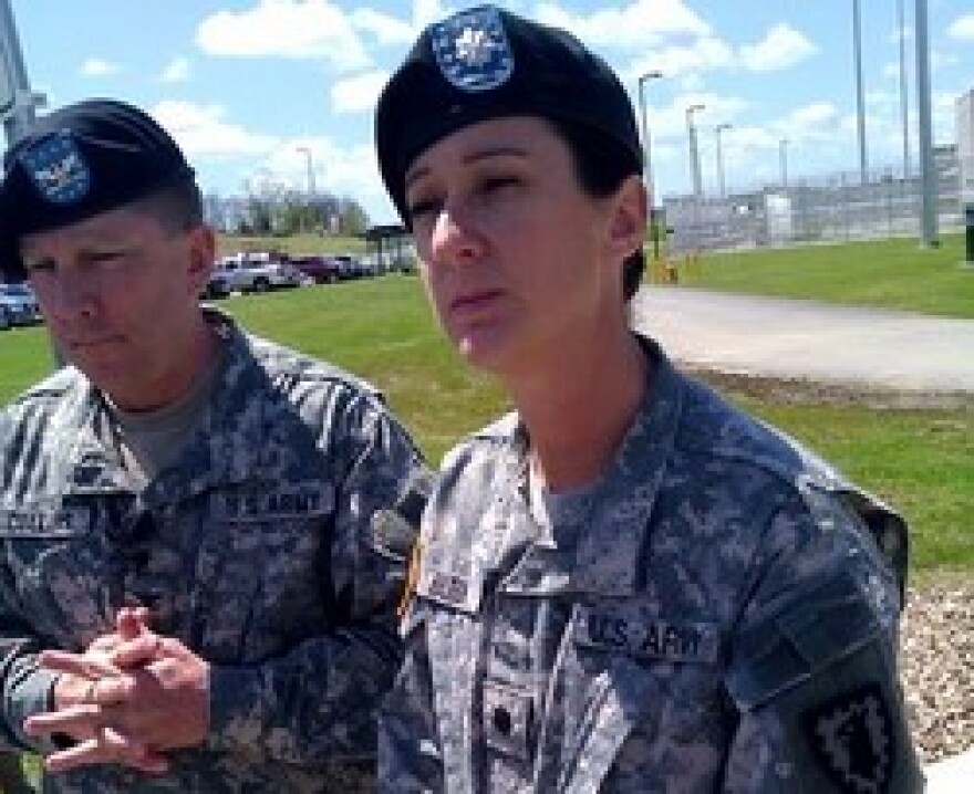 Army prison Commandant, LT.COL. Dawn Hilton (R), COL Thomas Collins (L) outside complex where PVT. Bradley Manning is held.
