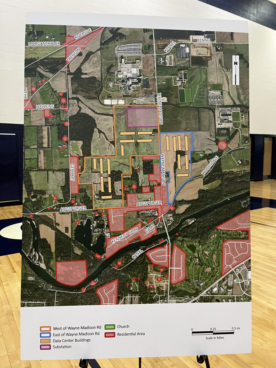 Information about the proposed data center and noise included AWS' sound mitigation strategies, and a map of the site in relation to homes, churches and more.