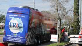 The Florida Rights Restoration Coalition bus on a stop at the Orange County Supervisor of Elections office in Orlando , November 2019. Photo: Matthew Peddie, WMFE / file