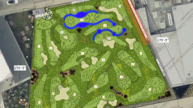 An artist's rendering of an aerial view of a mini golf course.