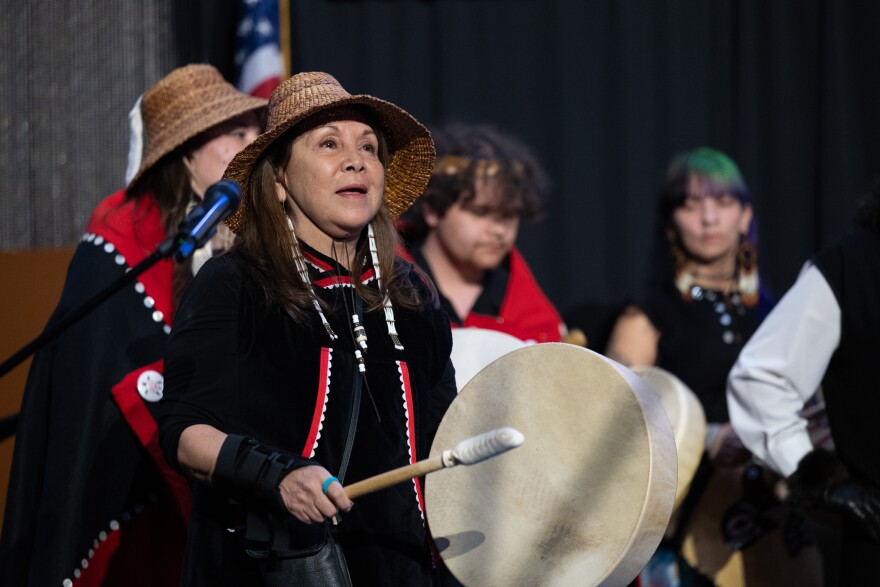 Nancy Barnes, who also goes by mansyndo dog̲a da gyett, performs on Oct. 16 at Quyana Nights.