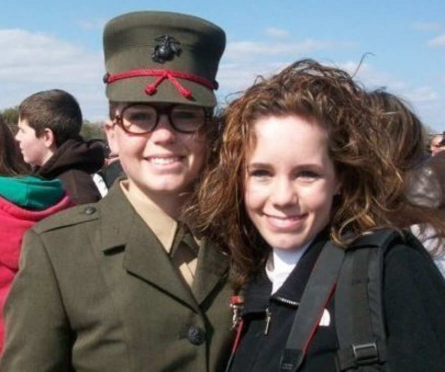 Kelli Sexton (left) with her sister, Jamie Stauffer, at Parris Island, S.C., on the day Sexton graduated from Marine Corps boot camp.
