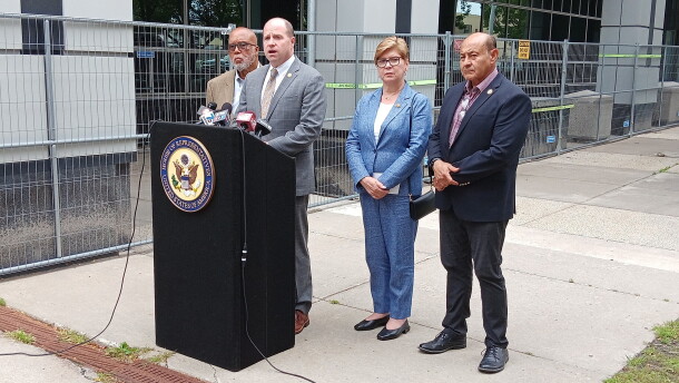 Congressman Tim Kennedy (D, NY-26) leads a news conference in Buffalo Sept. 4, 2026. Joining him, left to right, are House Committee on Homeland Security Ranking Member Bennie Thompson (D, MS-02), Rep. Nellie Pou (D, NJ-09) and Border Security Subcommittee Ranking Member Lou Correa (D, CA-46).
