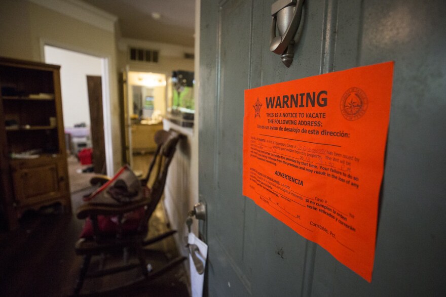 An eviction notice is posted on a home in Southwest Austin in 2018. 