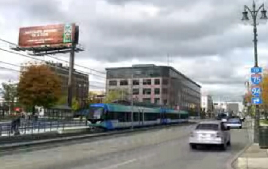 An artist's rendering of light rail on Woodward Ave.