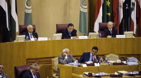 Arab League Secretary General Nabil Al Arabi (L) and Egypt Foreign Affairs minister Nabil Fahmi (C) head a meeting of the Arab League at the body's Cairo headquarters on Sunday.
