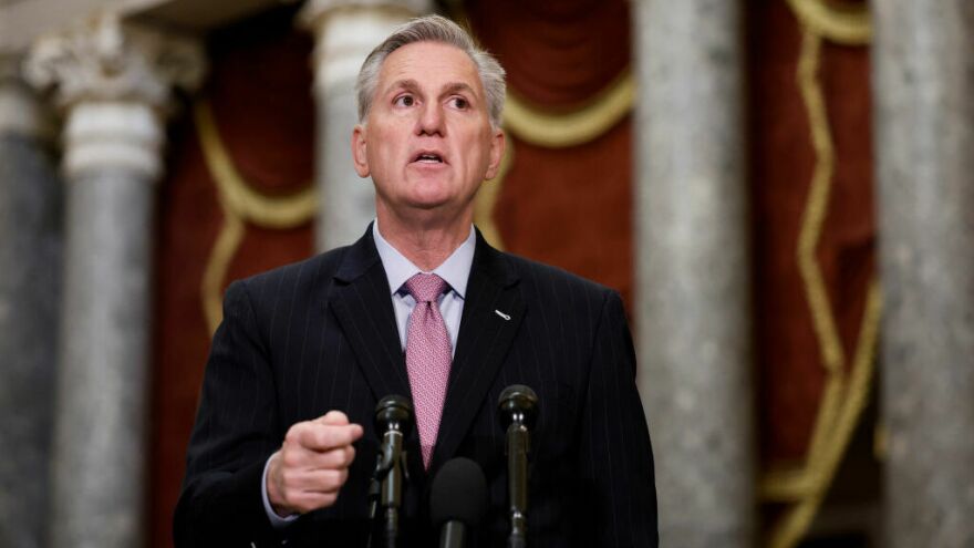 House Speaker Kevin McCarthy, R-Calif., speaks at a news conference in Statuary Hall of the U.S. Capitol Building on Thursday.