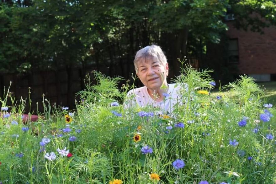 Older woman with short gray hair sitting in a field of wildflowers, with a half smile on her face