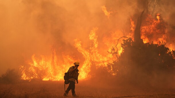 FILE - A firefighter battles the Canyon Fire on Aug. 7, 2025, in Hasley Canyon, Calif. (AP Photo/Marcio Jose Sanchez, File)