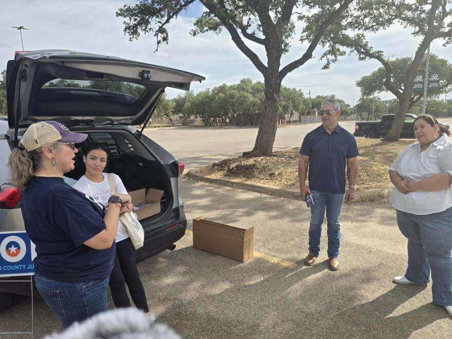 Democratic nominee for TX-CD23 Katy Padilla Stout speaks with block walking volunteers.