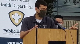Dubois County Health Department Environmental Health Specialist Shawn Werner briefs the media Thursday afternoon