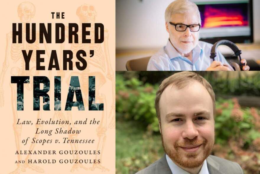 The cover of "The Hundred Years' Trial" and author Harold Gouzoules (top) and Alexander Gouzoules (bottom). (Courtesy of Johns Hopkins University Press, Emory University and Samantha Xia)