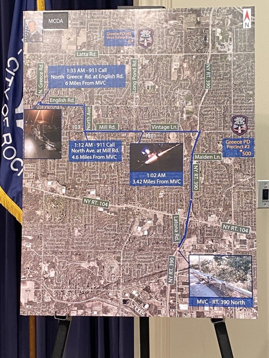 A map outlining former Greece Police Chief Andrew Forsythe's travels. The image in the middle of the map shows sparks flying from the vehicle thought to be his traveling on Route 390.