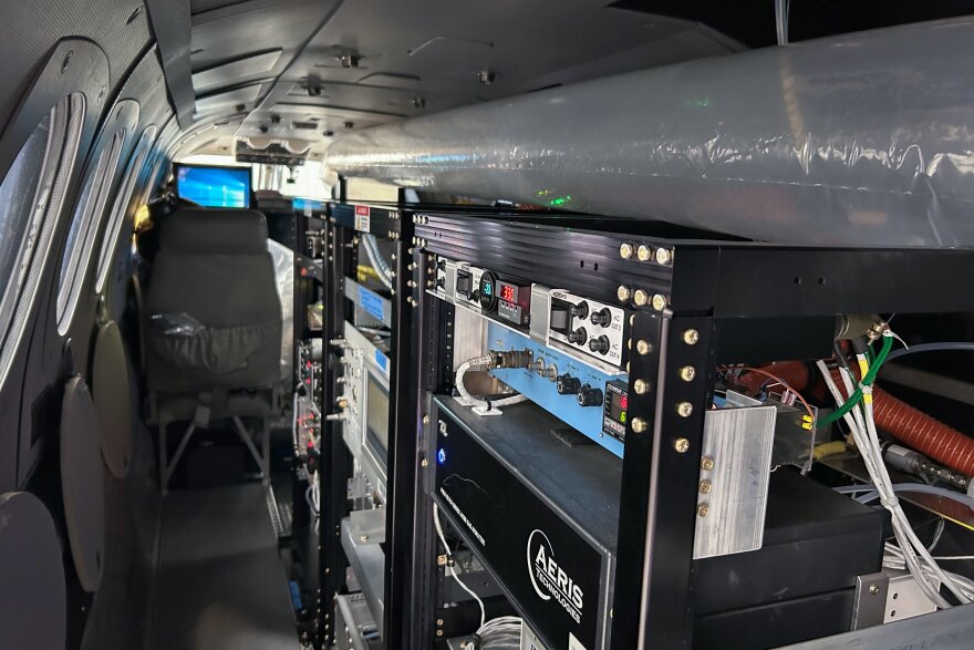 Computers and sensitive instruments used to measure ozone composition above the Salt Lake Valley are jam-packed into the University of Wyoming’s King Air research aircraft. The instruments must be cooled to near-refrigerator temperatures before takeoff to maximize flight time and accurate data gathering.