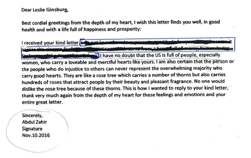 A letter from Guantanamo detainee Abdul Zahir to Leslie Gensburg