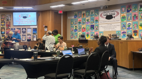 On Sept. 9, 2026, members and guests gather in the Alachua County Public Schools boardroom for a School Board workshop on the superintendent search in Gainesville, Florida.