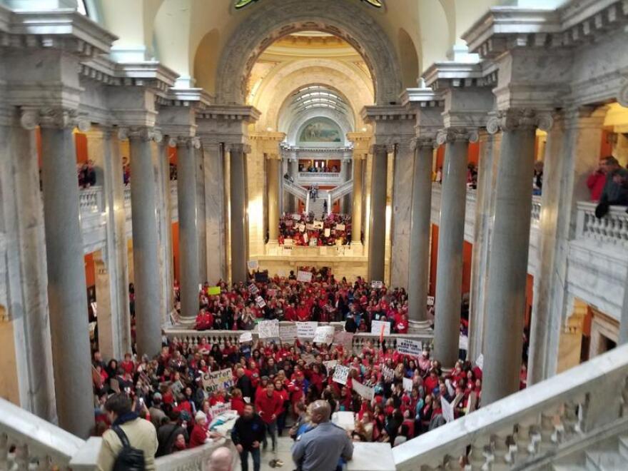 Teachers rally in the Kentucky capitol in Frankfurt in April