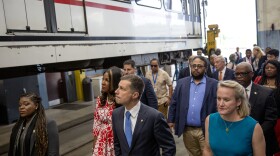 Secretary of Transportation Pete Buttigieg, Senator Dick Durbin, Congresswoman Nikki Budzinkski and Congresswoman Cori Bush tour a MetroLink on Monday, July 31, 2023, at the MetroLink Light Rail Management Facility in East St. Louis, Ill.