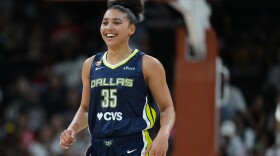 Dallas Wings guard Azzi Fudd (35) reacts to a play during the second half of a WNBA preseason basketball game against the Las Vegas Aces in Austin, Texas, Sunday, May 3, 2026. (AP Photo/Eric Gay)