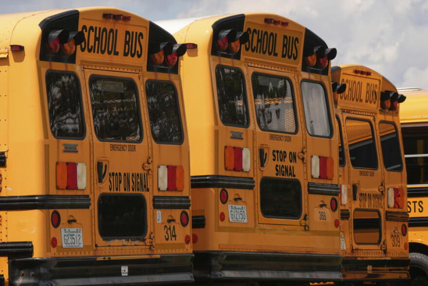 School buses are lined up in a storage lot, Thursday, Aug. 14, 2025, in Manchester, New Hampshire. (Charles Krupa/AP)
