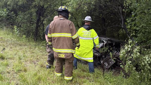 Responders investigate a vehicle off the roadway near State Road 64 and 161 in Dubois County, May 20, 2026