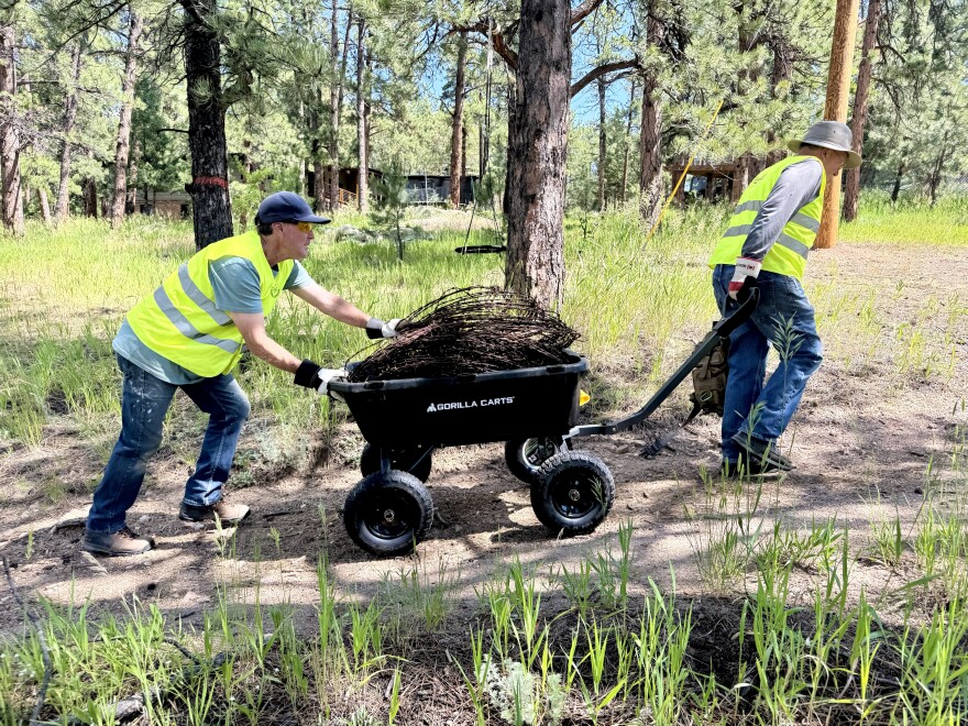 Two people in yellow vests pull a cart full of barbed wire up a hill.