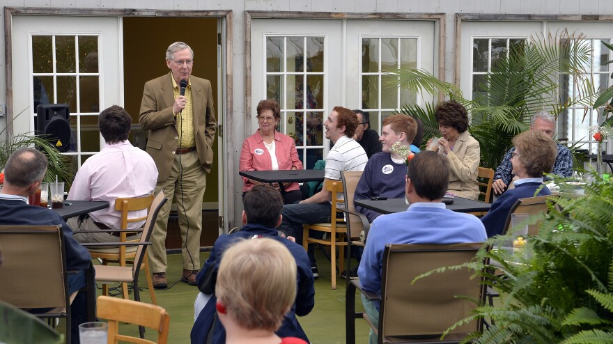 Senate Republican leader Mitch McConnell speaks to supporters Saturday at the Tanglewood Farms Restaurant in Franklin, Ky. McConnell faces Tea Party challenger Matt Bevin and several other lesser-known candidates in Tuesday's GOP primary.