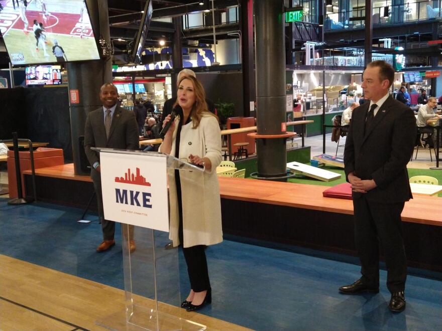 RNC Chair Ronna McDaniel speaks to reporters during a Thursday news conference in Milwaukee