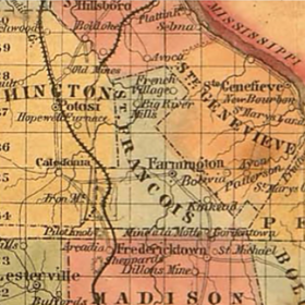 Detail of “The State of Missouri.” 1858. Showing local of Big River Mills. E. Mendenhall: Cincinnati, Ohio. Courtesy of The State History Society of Missouri.