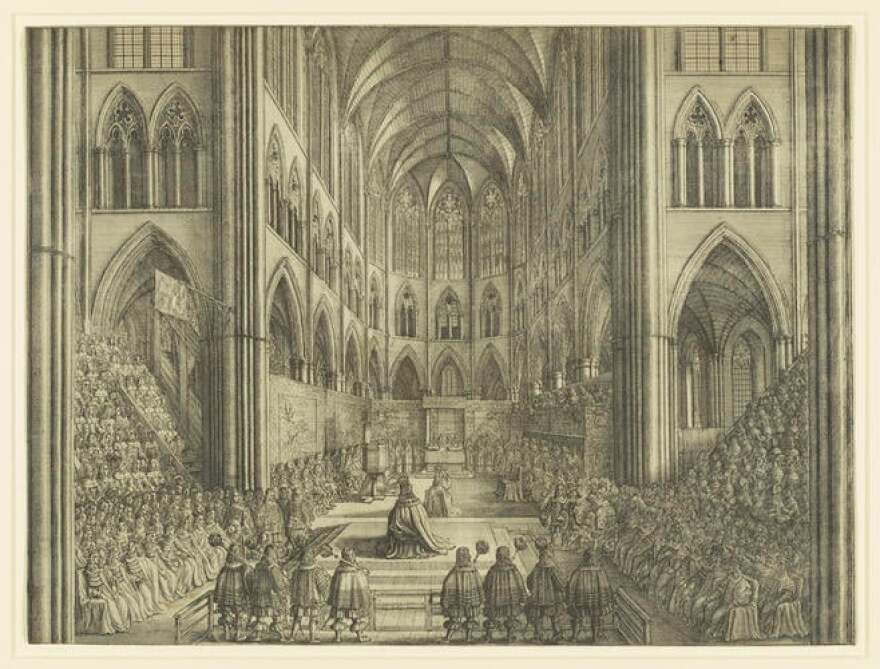 'The Coronation of King Charles the II in Westminster Abbey the 23 of April 1661,' etching by Wenceslaus Hollar, 1662.