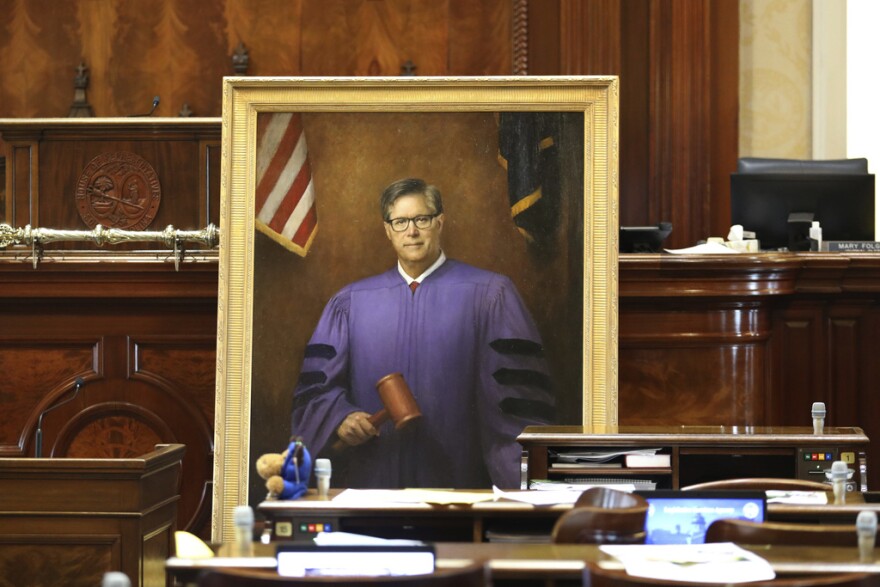 A portrait of former South Carolina House Speaker Jay Lucas sits in the House chamber after being unveiled on Tuesday, April 25, 2023, in Columbia, S.C. (AP Photo/Jeffrey Collins)