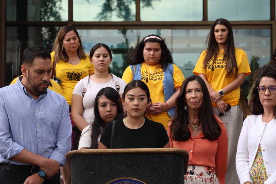Madelinie Pernillo, 18, spoke during an Aug. 20, 2026 news conference regarding the recent federal immigration arrest of her uncle in Santa Fe, one of a string of as many as a reported 16 recent arrests in the area in recent days.