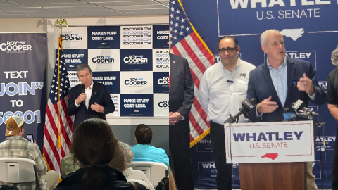 Roy Cooper, left, and Michael Whatley campaign in Gastonia on Thursday.