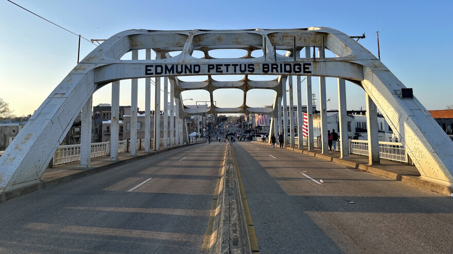 The Edmund Pettus Bridge in Selma, Alabama, was the site of the Bloody Sunday March in 1965, where voting rights activists were met with violent use of force by law enforcement officers when they crested the hill during a peaceful march.