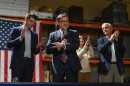 Speaker of the House Mike Johnson points to Rob Bresnahan during a rally in at DeAngelo Contracting Services in Ha